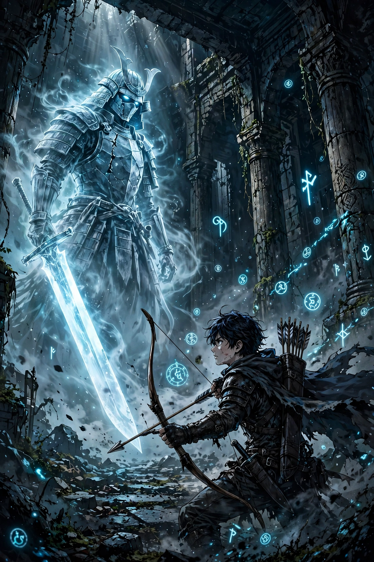 A hunter facing a ghostly swordmaster spirit inside a mysterious tower hall