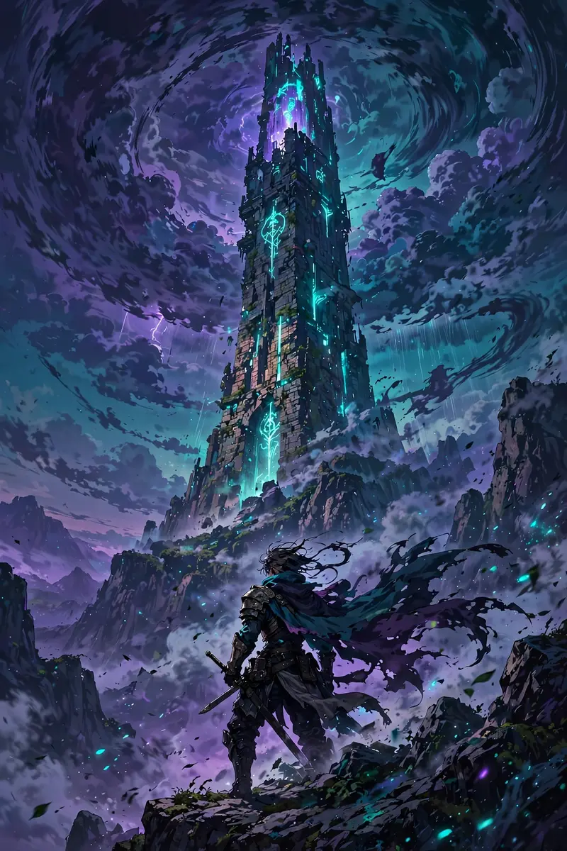 Anime-style illustration of a swordsman standing before a glowing tower at dusk