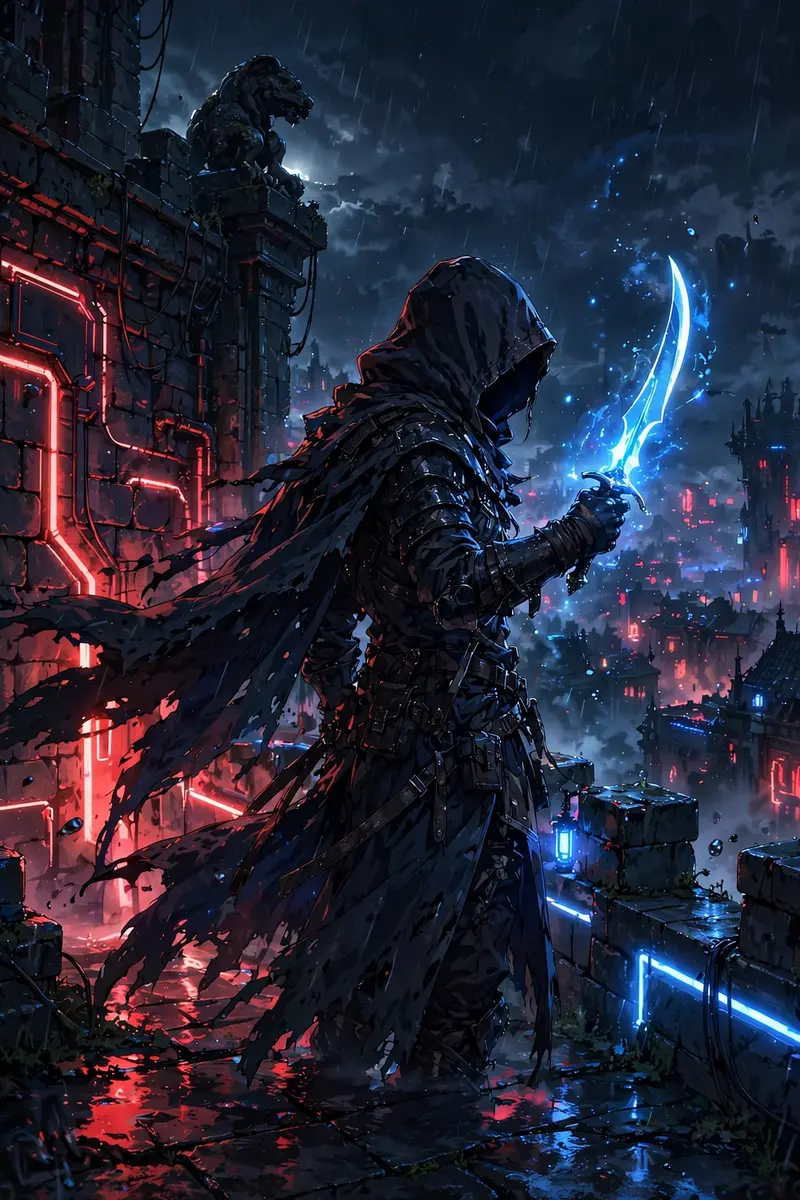 Anime-style illustration of a hunter with a glowing dagger on a dark dungeon rooftop