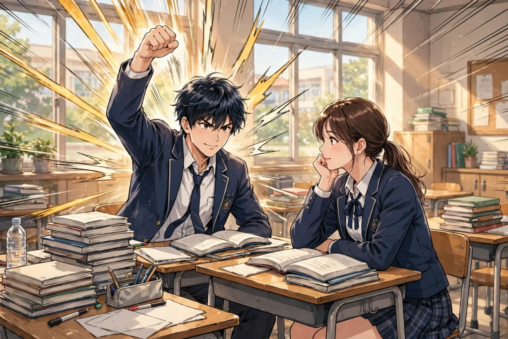 Anime-style school action illustration