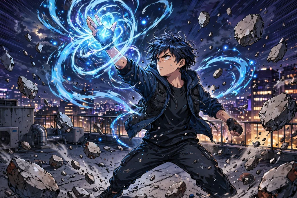 Teenage boy unleashing glowing blue telekinetic energy on a city rooftop at night in webtoon art style
