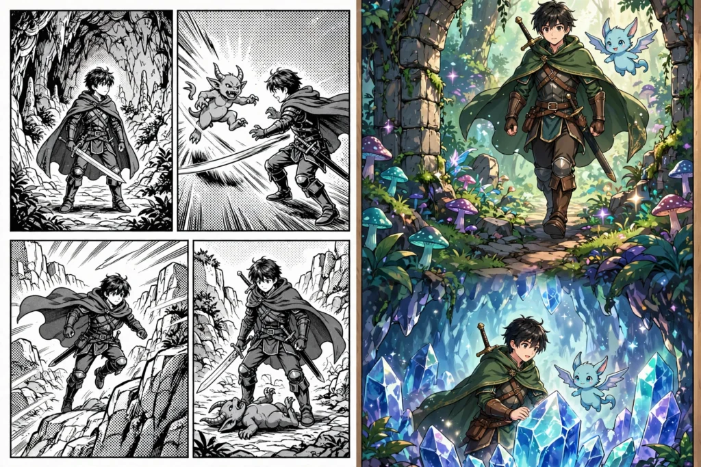 Split comparison of black-and-white manga panels and full-color manhwa webtoon art