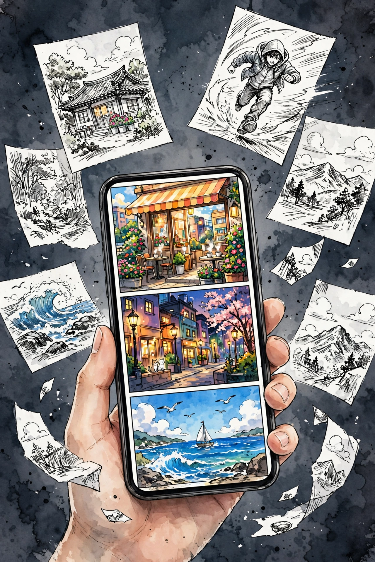 Hand holding a smartphone showing colorful webtoon panels beside black-and-white manga sketches