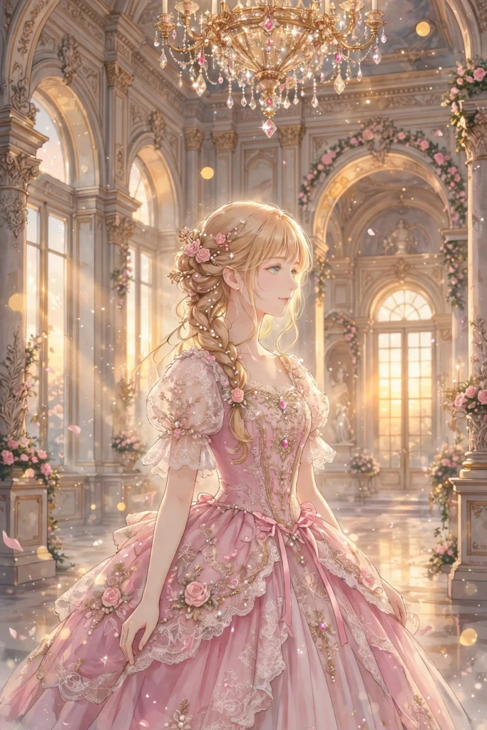 Illustration of a blonde princess in a pink gown inside a grand palace hall