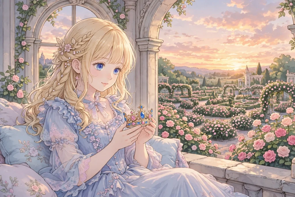 Illustration of a young princess holding a jeweled crown on a palace balcony at sunset